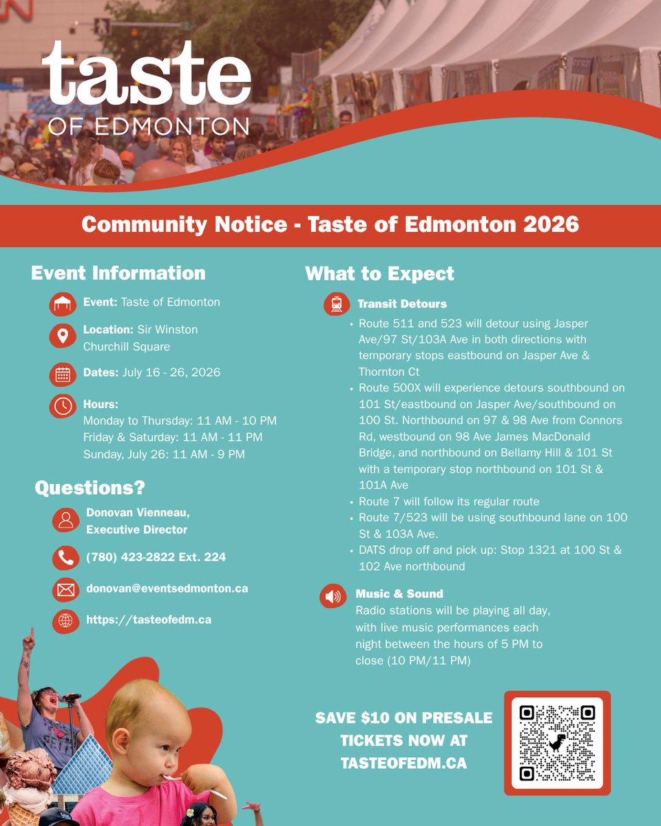 TasteOfEdm's tweet photo. Taste of Edmonton will be on Sir Winston Churchill Square July 16 - 26, 2026.

Please review our community notification for all temporary impacts to the area in and around Churchill Square including road closures, transit detours and parking. https://t.co/EhQcPhfFDJ