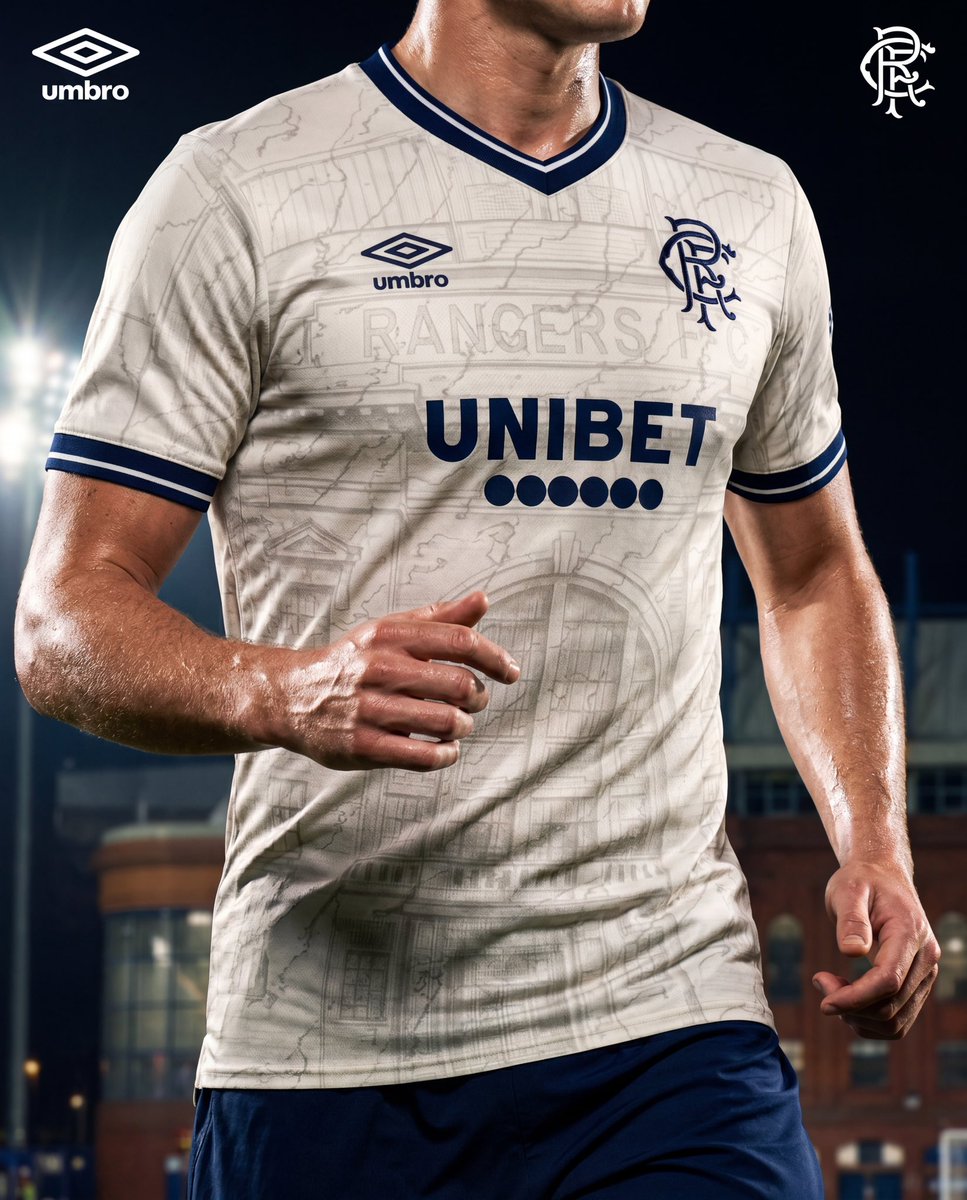 RangersKits's tweet photo. Rangers 26/27 Away Kit - Reimagined

Keeping the ecru theme inspired by the RANGERS FC sign &amp; marble staircase but with a navy blue to complement this better!

I did try to implement the main stands X pattern to the collar &amp; cuffs but the AI was struggling with this

See below ⬇️ https://t.co/7IHbIjeKec