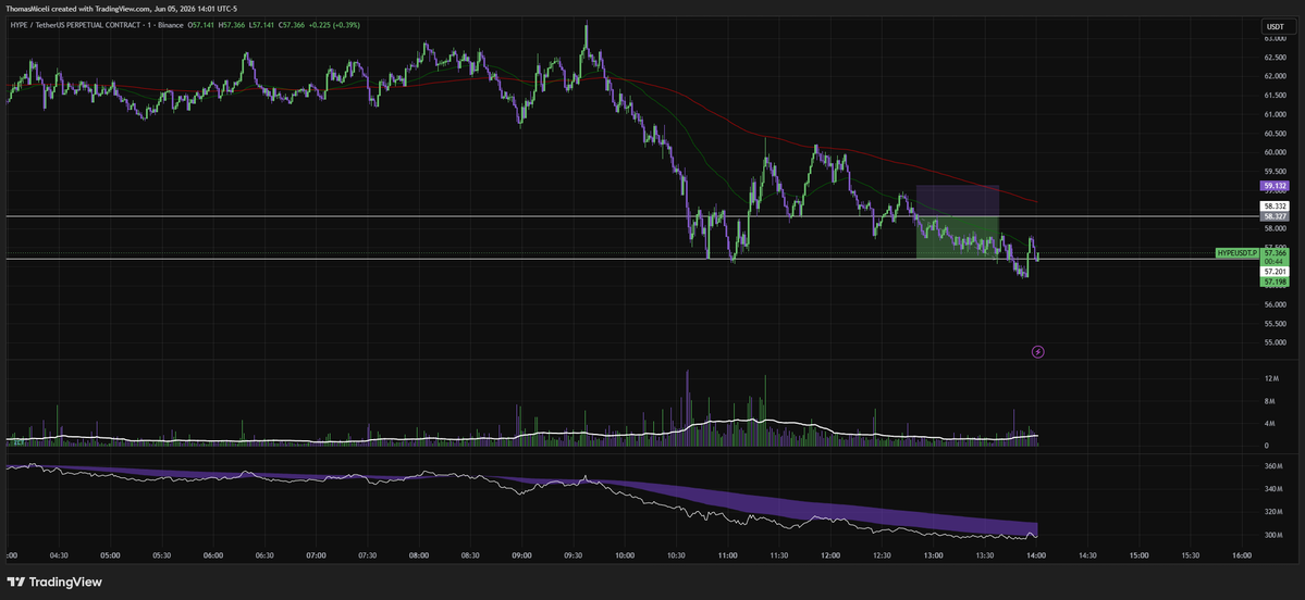 MiceliCapital's tweet photo. Closed my $HYPE swing long at $71 on Sunday.

Shorted $HYPE intraday today around $58 on the structure breakdown.

Same coin, different timeframe, different story.
The swing thesis played out. With BTC weakness setting in and broader sentiment turning, I had to adapt.

When the conditions change, the strategy has to change with them.