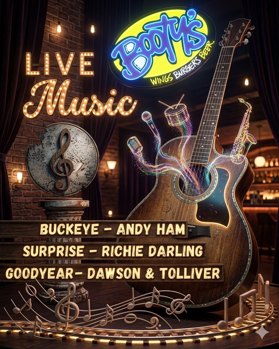 bootyswings's tweet photo. 🎸 LIVE MUSIC TONIGHT at Booty's Wings Burgers Beer! 🔥
Three locations. Three killer acts. ONE epic night!
🤠 Goodyear – Dawson &amp; Tolliver
🎵 Surprise – Richie Darling
🎤 Buckeye – Andy Ham
Cold beer. Hot wings. All the good vibes. Come hang with us tonight! 🍺 https://t.co/5aHDYVZb5v