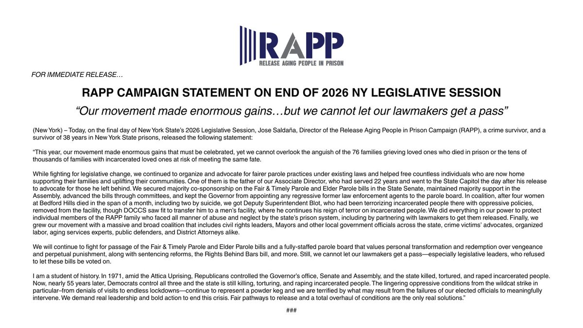 RAPPcampaign's tweet photo. “This year, our movement made enormous gains that must be celebrated, yet we cannot overlook the anguish of the 76 families grieving loved ones who died in prison or the tens of thousands at risk of meeting the same fate."

Our statement on the the 2026 NY Legislative Session: https://t.co/q1XHkSMXw3