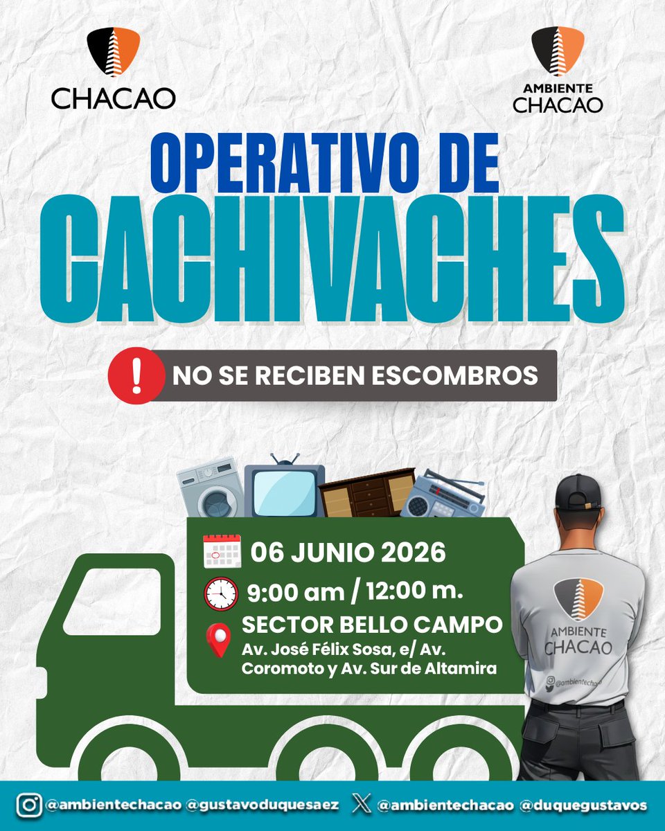 AmbienteChacao's tweet photo. Seguimos con la recolección de artículos en mal estado o en desuso. Sáb #06Jun Sector Bello Campo de la misma urb.📍Av. José Félix Sosa, entre Av. Coromoto  y Av. Sur de Altamira. Desde las 9AM.  hasta las 12M. Se PROHIBE abandonar objetos en la vía pública
🎦🫵🏽🧐
@duquegustavoS https://t.co/nBlVQE5scc