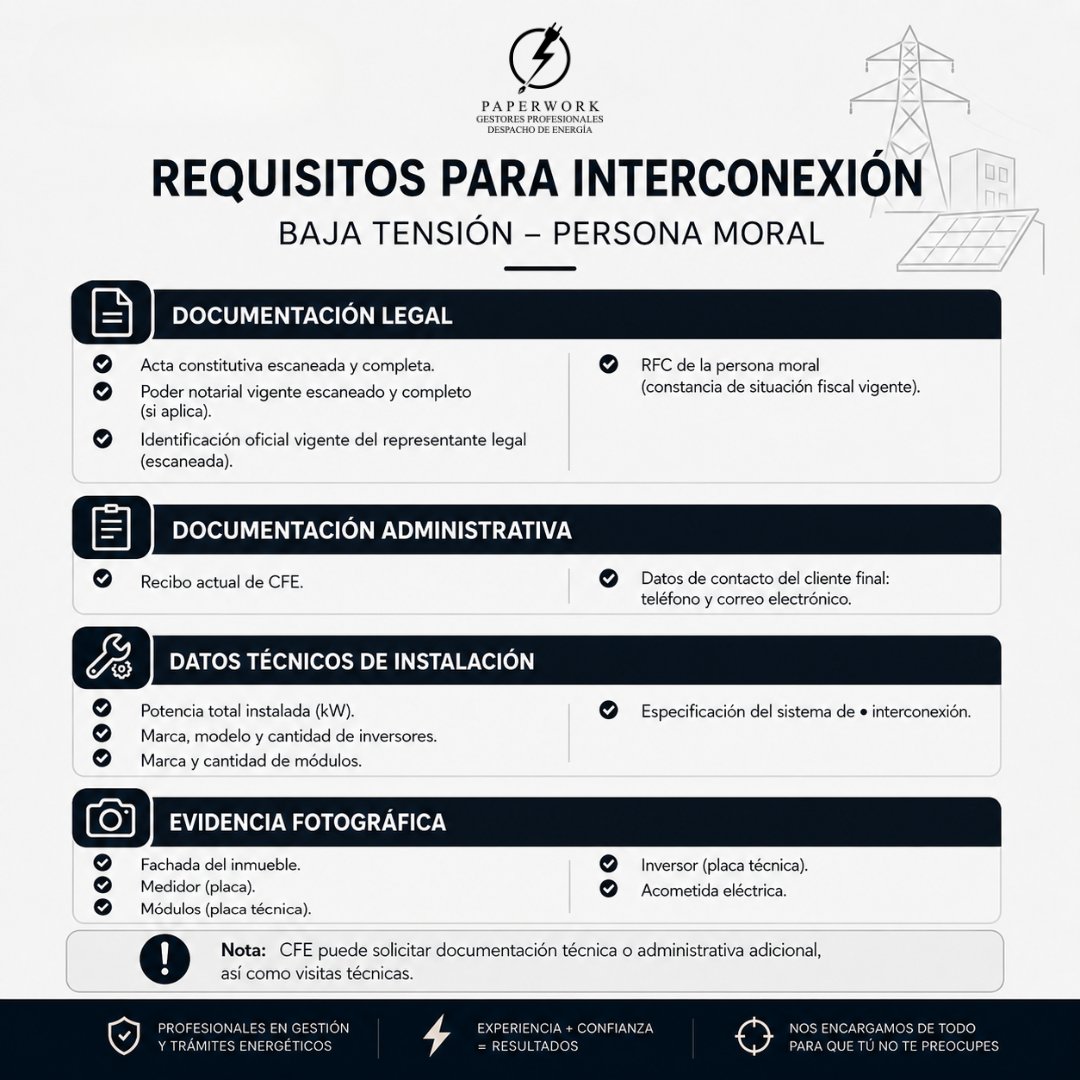 PaperworkEnergy's tweet photo. ¿Tu empresa está lista para interconectarse a la red eléctrica?
Evita retrasos y asegura tu trámite desde el primer paso. 
En Paperwork Gestores Profesionales te ayudamos a reunir y gestionar toda la documentación necesaria para la interconexión en baja tensión para persona moral https://t.co/X5mVLl1tym