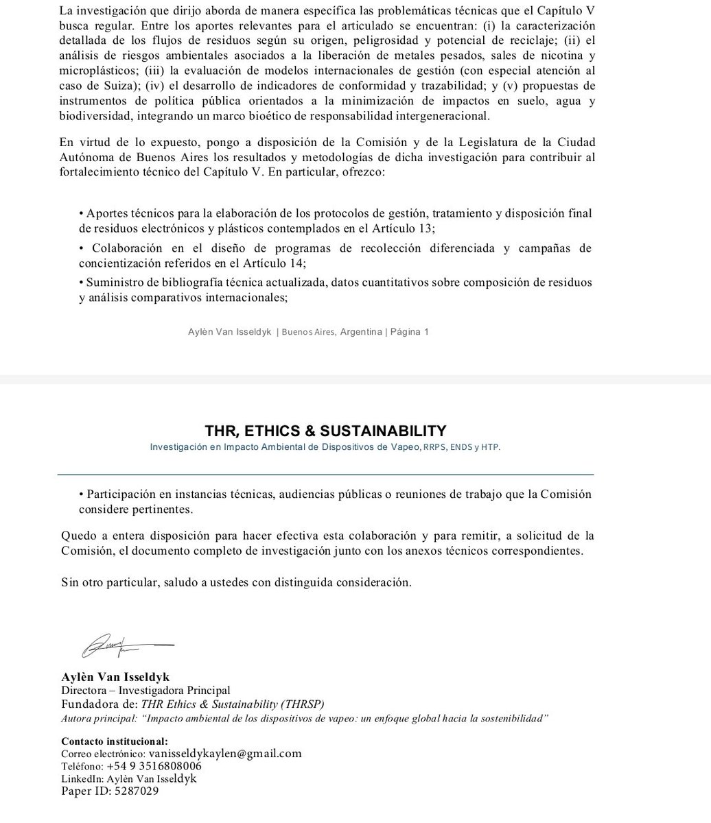 RecycleVape's tweet photo. Desde THR Ethics &amp; Sustainability, hemos remitido a la @LegisCABA un documento técnico con aportes específicos para el Capítulo V del Proyecto de Ley Expediente N° 683/2026, referido a la gestión ambiental de residuos electrónicos y plásticos derivados de dispositivos de vapeo. https://t.co/HRhxumvt8i