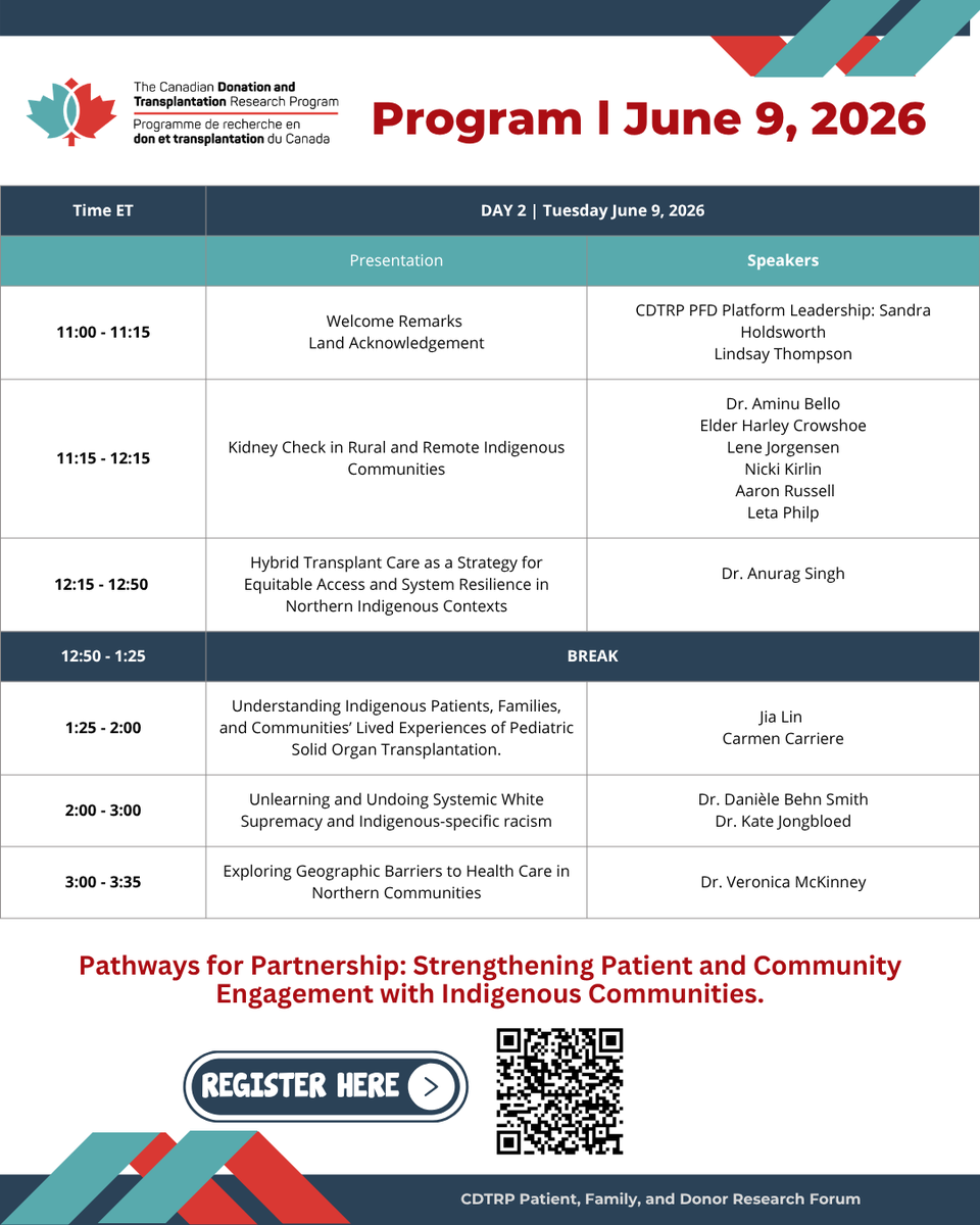 CNTRP's tweet photo. Sneak peak of Day 2 of the program for CDTRP's Patient, Family, and Donor Research Forum: Pathways for Partnership: Strengthening Patient and Community Engagement with Indigenous Communities.

Register here: https://t.co/kYQwtWO7Xt https://t.co/AJH8qn0vDF