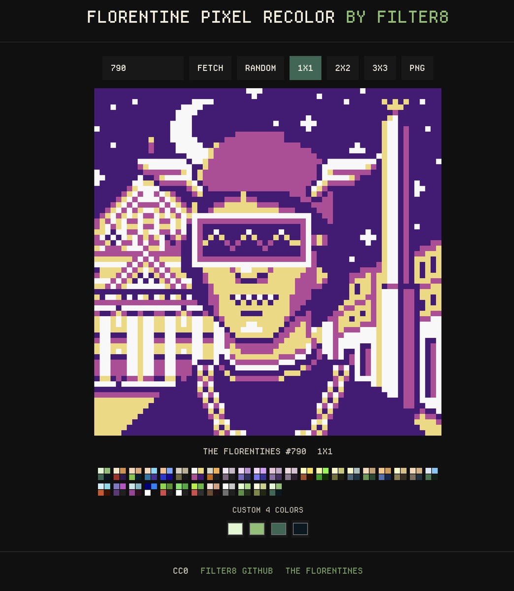 0xfilter8's tweet photo. Built a little creative tool for THE FLORENTINES by @cartyisme.

It lets you play around with your token's colors and composition while staying true to the original pixel art aesthetic.

One of the things I love about the collection is that, despite being fully on-chain, the traits can be modified. Since the artwork is rendered from the token data itself, changing traits also changes how the piece is generated and displayed.

For this tool, I added all 32 Super Game Boy palettes inspired by the classic Game Boy colorizations used when original Game Boy games were played on the SNES.

You can also create compositions using 2x2 and 3x3 grids, mix different palettes per tile, and experiment with your own custom color combinations.

Open to remix. CC0.

👉 https://t.co/i6lndEfdK5