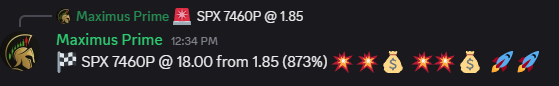 freetrades4u's tweet photo. Closed my $SPX 7460P for nearly a 10x gain and felt like a genius... until I checked the chain and saw they're now trading 85+, good for a 45x return. The market has a funny way of keeping you humble.

$AAPL $AMZN $AMD $AVGO $CRWV $META $NVDA $MSFT $TSLA $ORCL $GOOGL $SPY $QQQ https://t.co/kqCRprMdYk