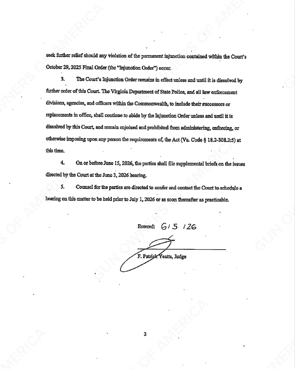 GunOwners's tweet photo. It's official!🎉

Judge Yeatts has signed the order reaffirming the GOA &amp; @VCDL_ORG win against Virginia's Universal Background Checks. https://t.co/qHHaB6k6Jh