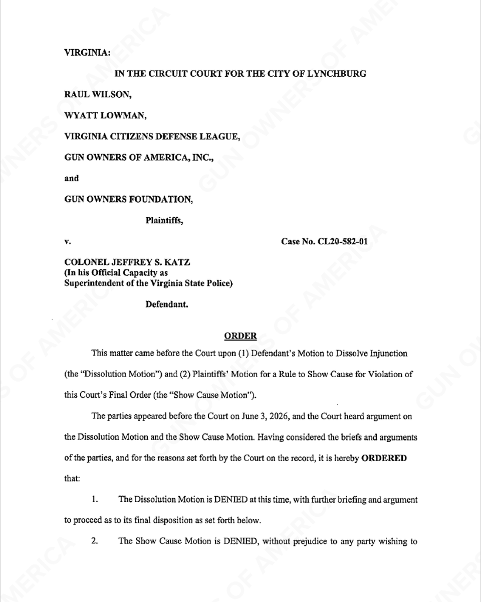 GunOwners's tweet photo. It's official!🎉

Judge Yeatts has signed the order reaffirming the GOA &amp; @VCDL_ORG win against Virginia's Universal Background Checks. https://t.co/qHHaB6k6Jh