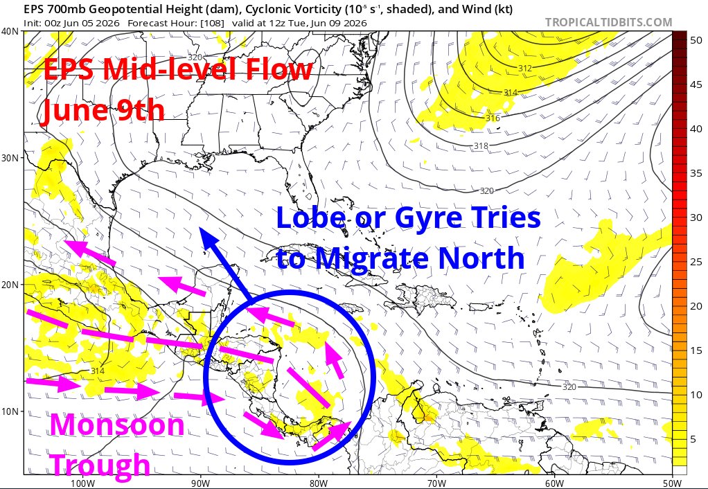 TropicalTidbits's tweet photo. 🧵(1/2) Some possibility of tropical activity in the Gulf exists beginning late next week. The Central American monsoon is becoming active as multiple equatorial waves (MJO, Kelvin, Rossby) overlap next week near 90W longitude.

The eastern lobe of the monsoon trough, perhaps even taking the form of a weak gyre, is expected to attempt to migrate northwestward into the western Caribbean or southern Gulf, a scenario which often creates potential for messy cyclones to develop and ultimately approach the Gulf coast.