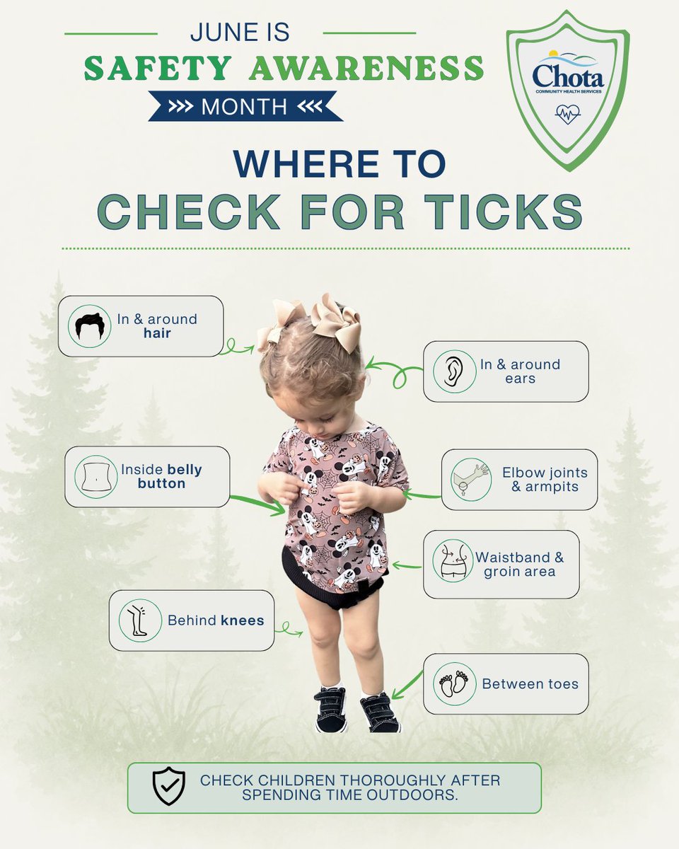 ChotaHealth's tweet photo. Ticks can hide in small, easy-to-miss places, especially on children after spending time outdoors. 
After playing outside, be sure to check:
~In and around hair
~Around ears 
~Inside belly button
~Elbow joints and armpits
~Waist and groin area
~Behind knees
~Between toes https://t.co/y6abYOndHs