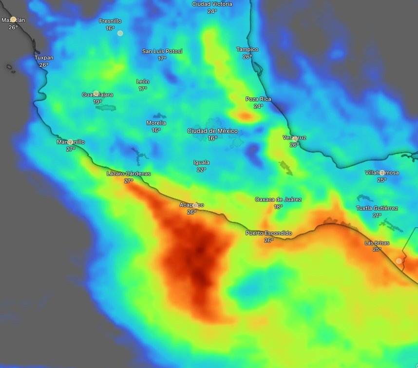 MediaFenomenos's tweet photo. Mucha lluvia en camino a México. Esta es la cantidad de lluvia estimada que se espera en el sur y suroeste de México entre el Lunes y el Martes de esta semana entrante. Entre 70-120 mm con máximas de mas de 150 mm debido al disturbio tropical. https://t.co/sKi5A9xv2w