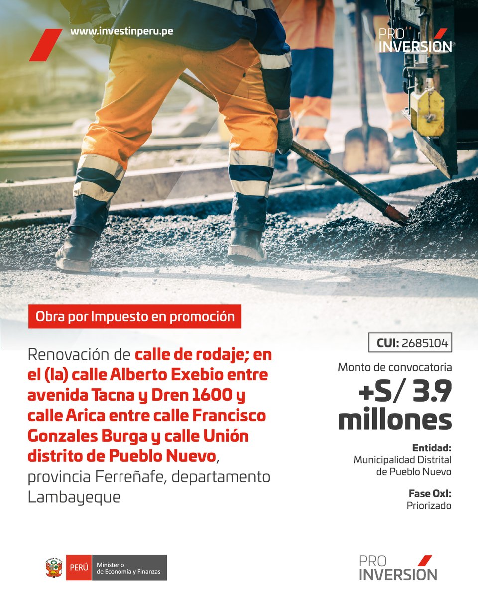 ProInversionPe's tweet photo. 📢 ¡Atención, empresas privadas! PROINVERSIÓN promueve, mediante Obras por Impuestos (OxI), el proyecto de la Municipalidad Distrital de Pueblo Nuevo para la renovación de calles de rodaje en la calle Alberto Exebio entre avenida Tacna y dren 1600, y calle Arica entre calle Francisco Gonzales Burga y calle Unión, distrito de Pueblo Nuevo, provincia de Ferreñafe, departamento de Lambayeque”.

🛣️ El proyecto beneficiará directamente a más de 15 200 personas, mejorando las condiciones de movilidad urbana, la seguridad vial y la calidad de vida de la población.

📩 Para mayor información: informesoxi@proinversion.gob.pe