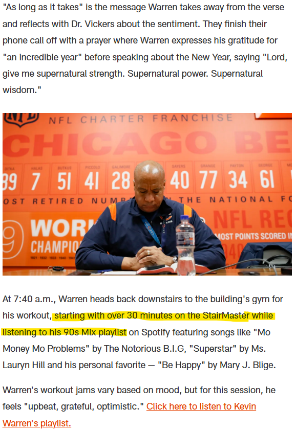 BearWeatherFans's tweet photo. People confused about how Kevin Warren can fuck this up this badly need to understand a lot of Kevin Warren's 18-hour workday require him to lie down in silence, wash his car, and hit the stairmaster. We should be astonished and honored he can find any more time for us: https://t.co/Fnyrg3Vr2b