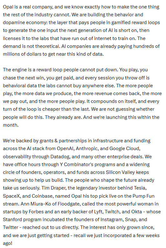 I4NFTS's tweet photo. People really read these 3 paragraphs and thought, hmm let me nuke at $2.5m

solana:2PzS5SYYWjUFvzXNFaMmRkpjkxGX6R5v8DnKYtdcpump  will rip faces soon. ACE round confirmed, partnerships with the biggest AI giants confirmed. @TimDraper stamp of approval, Floodgate interested. Massive untapped behavioral data market product launching within the month.

Also @OpenAIDevs account just nonchalantly interacts with the devs on a regular basis (next tweet)

I get markets suck for memes but Opal is not a meme. Wake up.