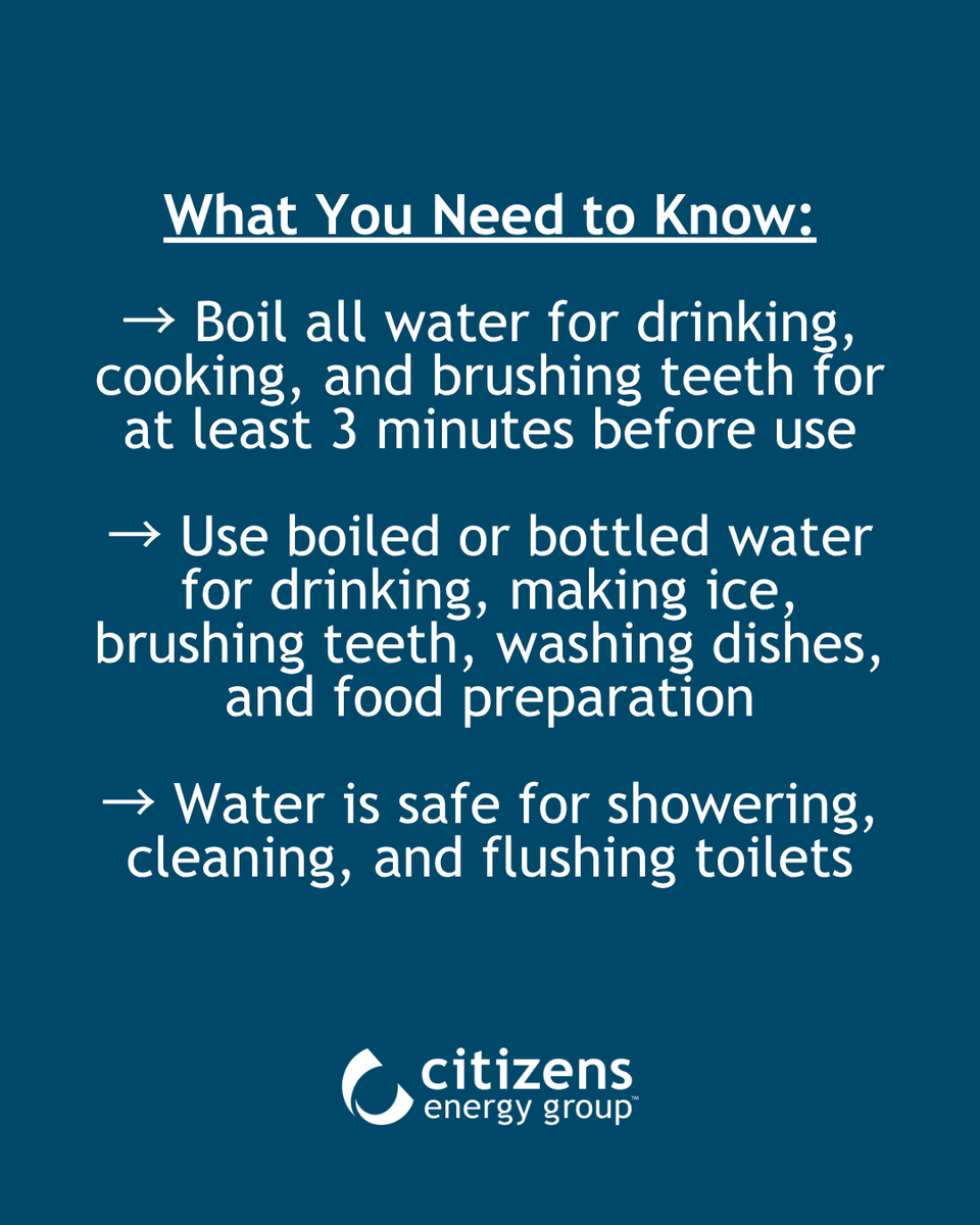 citizensenergy's tweet photo. Citizens has issued a precautionary boil water advisory for customers on the northwest side of Indianapolis due to a water main break near West 56th Street and Reed Road. The advisory is expected to remain in effect for approximately 72 hours or until the boil water advisory is lifted. 

All Citizens customers in the following area should boil their water until this advisory is lifted:

Northern Bound:
Interstate 465 on the north side of Indianapolis.

Southern Bound:
56th Street from the Hendricks County line to Georgetown Road to the east. In addition, residents to the south of 56th Street and east of Reed Road in The Park at Eagle Creek apartment complex and the Hidden Bay neighborhood south of 56th Street and west of High School Road are included in the boil water advisory.

Eastern Bound:
Georgetown Road from I-465 to 71st Street and Coffman Road from 71st Street to 56th Street. The residential neighborhood on 81st Place east of Georgetown Road is included in the boil water advisory

Western Bound:
The western bound of the area is I-65. In addition, residents in the Eagles Nest neighborhood (south of CR 750S) in Whitestown and those residents north of Wilson Road and east of Fishback Road are included in the boil water advisory.

What you need to know:
→ Boil all water used for drinking, cooking, and brushing teeth for at least 3 minutes before use.
→ Use boiled or bottled water for drinking, making ice, brushing teeth, washing dishes, and food preparation.
→ Water remains safe for showering, cleaning, and flushing toilets.

If you consumed water before this advisory was issued, Citizens has no indication that the water is unsafe. However, boiling water is advised as a precaution until the advisory is lifted.

For more information: https://t.co/8sCTL46EZo

For more information about water use during a boil water advisory, visit: https://t.co/VO8pd5wjn1