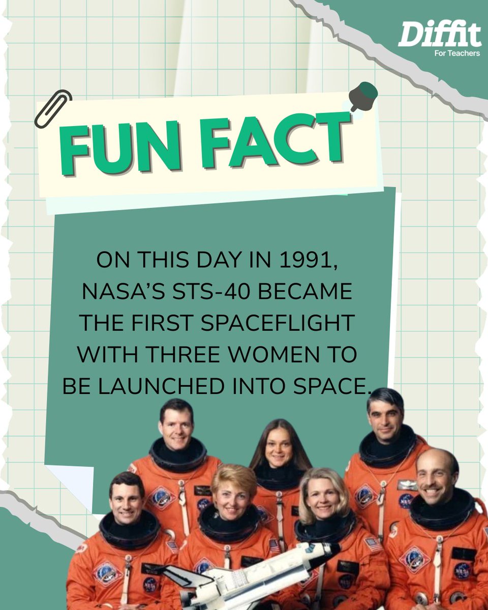 DiffitApp's tweet photo. Did you know? On this day in 1991, NASA’s STS‑40 became the first spaceflight to launch three women into space together 🚀💚 See how this can be turned into an engaging lesson today!

#Diffit #SpaceHistory #WomenInSTEM https://t.co/5sD0j8tKTu