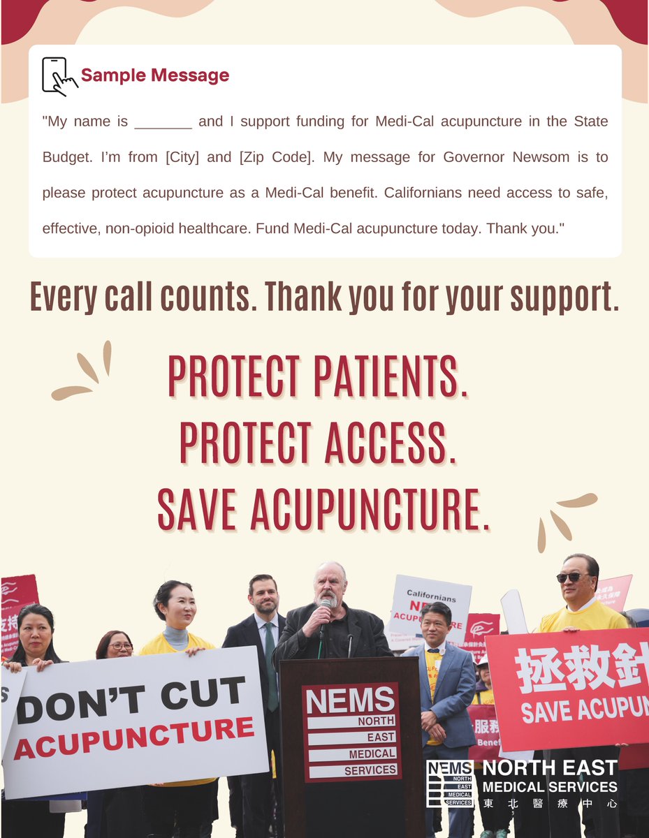 nemssf's tweet photo. 🚨PROTECT PATIENTS. PROTECT ACUPUNCTURE.🚨

Governor Newsom's proposed budget cuts could eliminate acupuncture coverage for Medi-Cal patients, putting access to care at risk for thousands of Californians.

📱TAKE ACTION TODAY 
Call @CAgovernor 's office: (916) 445-2841 (9am-5pm) https://t.co/Ds5lVYHVw8