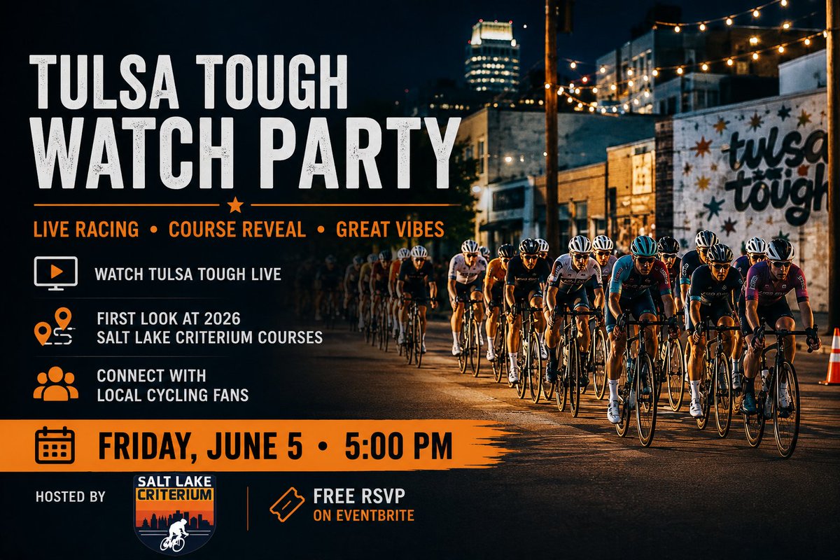 EpicCyclingTeam's tweet photo. TODAY @ 5 PM (FRI JUN 5) - Tulsa Tough Watch Party
 
Join Dave and Bre Harward and the Salt Lake Criterium team for a fun evening of live Tulsa Tough racing, great company, and more.
 
Details, Free RSVP @ Eventbrite: 
https://t.co/bZvQ7L3WWO https://t.co/Nj27VCrnAg