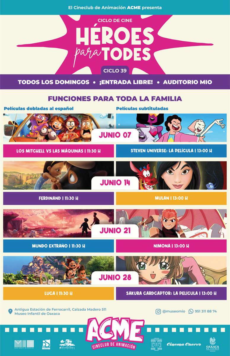museomio's tweet photo. Héroes para todes, es el ciclo de películas animadas que presenta este mes ACME . Acompaña a los protagonistas de estas entrañables películas a un viaje de autodescubrimiento.

Dos funciones cada domingo.
 🕚 11:30 h | + 3 años
 🕐 13:00 h |  + 6 años
🎟 Entrada gratuita https://t.co/TL20RfOzDa