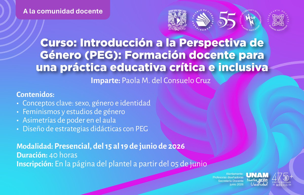 pulsocchn's tweet photo. Atenta invitación a docentes a inscribirse al curso "Introducción a la Perspectiva de Género(PEG): Formación docente para una práctica educativa crítica e inclusiva" 📝🟣⚖️

📅 Del 15 al 19 de junio
✍ Registro a partir del 5 de junio en: https://t.co/ta7flhl5AL https://t.co/oG0r9n0XBZ