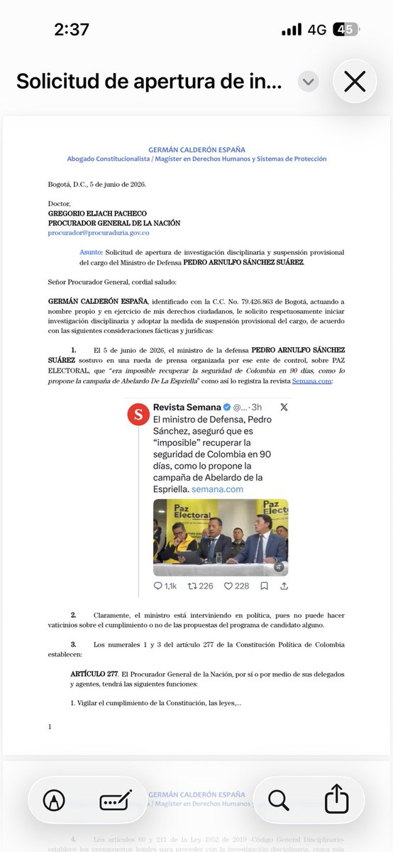 GermanCalderonE's tweet photo. Esta es la solicitud de suspensión provisional del cargo de ministro de Defensa por intervención en política dirigida a @PGN_COL https://t.co/BO4Woelx0o