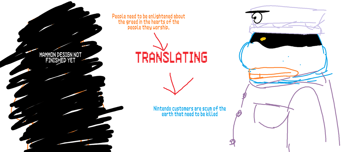 Foeofdrawing's tweet photo. also fun fact: Hallyboo is NOT meant to kill people in this AU. He just shifted around the message of Mammon's views on the matters, to make his own statement. (art from before finishing Mammon's design, duh) https://t.co/wSEv87QqNJ
