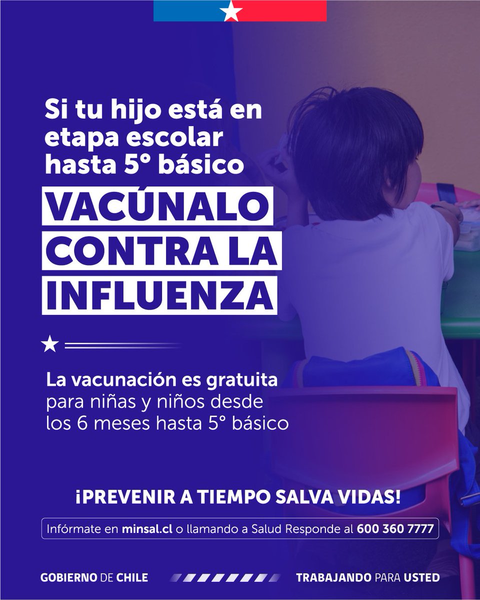 ministeriosalud's tweet photo. ¡Protégelos de los virus respiratorios!

Si tu hijo está en etapa escolar (hasta 5° básico), la vacuna contra la Influenza es su mejor escudo para este invierno.

Ingresa a ▶️https://t.co/Dy5D3prLpH y encuentra tu vacunatorio más cercano. https://t.co/F7LaGFgQ3H
