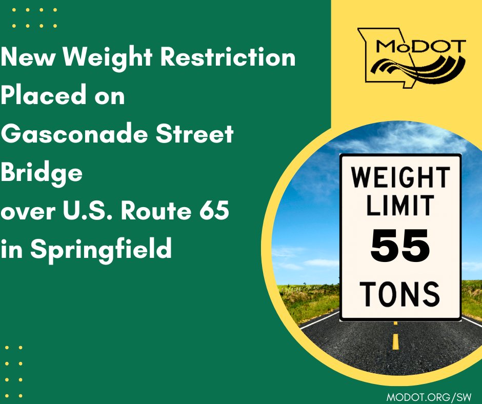 MoDOT_Southwest's tweet photo. Signs indicating a weight limit of 55 tons for combination vehicles (including tractor-trailers) have been installed for the Gasconade Street Bridge over U.S. Route 65 in #Springfield. https://t.co/W4u2jBbQap #MoDOTSW https://t.co/P40qy88Ywx