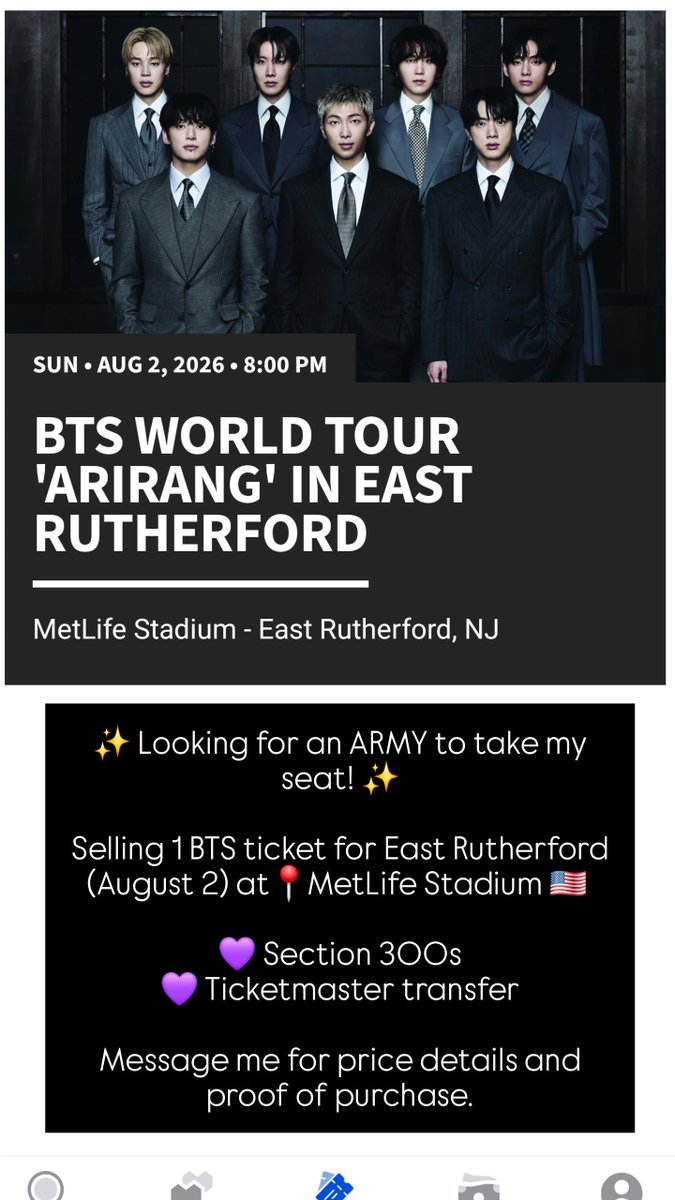 ViTaemiNazo's tweet photo. 🎟️ WTS BTS EAST RUTHERFORD D2 (AUG 2) 🎟️
💜 1 ticket available 📍 MetLife Stadium 🪑 Section 304 
✅ Ticketmaster transfer
✅ Proof of purchase available 
✅ Serious buyers only
DM if interested! Happy to provide proof for verification. #BTS #BTSCONCERT #WTSBTS https://t.co/XfYwTpcP3f