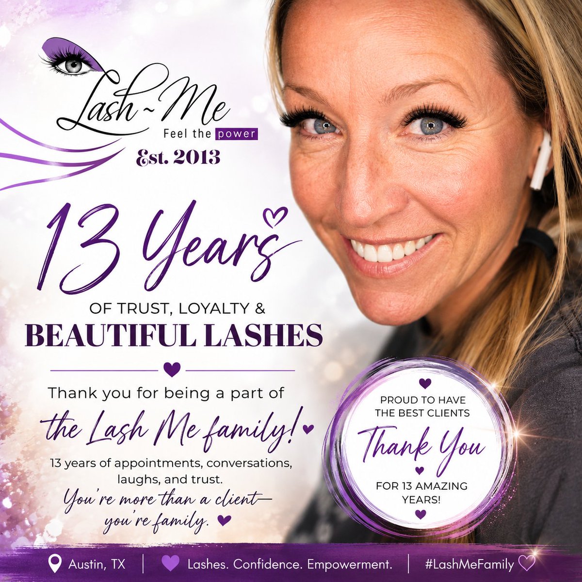 lashmellc's tweet photo. 13 years. Same lash artist. Same client. Endless trust and friendship. Thank you for being part of the Lash Me family. #AustinLashes #13YearsStrong https://t.co/wdh7VOHRNJ