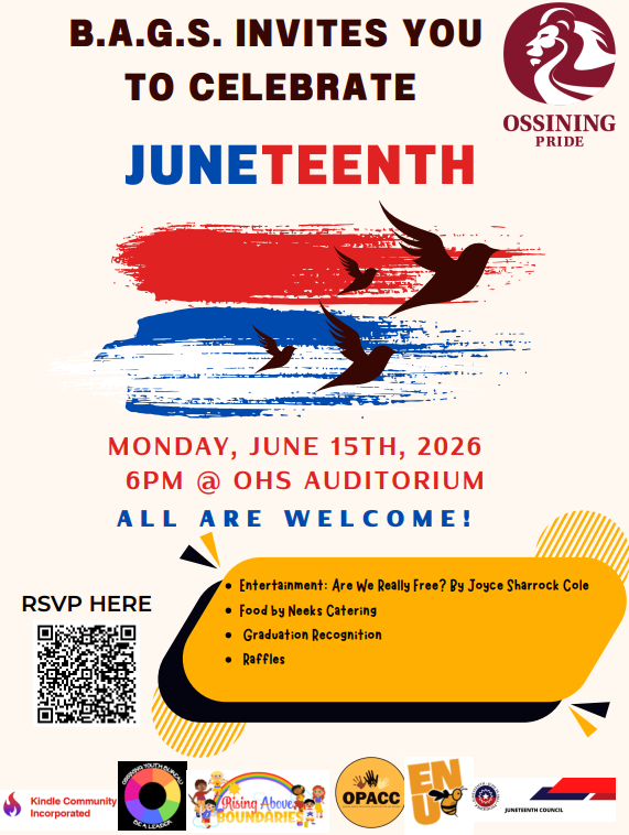 OssiningSchools's tweet photo. Join Us for a Juneteenth Celebration! Come celebrate freedom, culture, and community with us on June 15 at 6:00 PM in the OHS Auditorium!

✨ Enjoy:
🍽️ Food
🎟️ Exciting Raffles
🎶 Entertainment &amp; More!

Bring your family and friends as we honor the significance of Juneteenth. https://t.co/DpWMWh7E9N