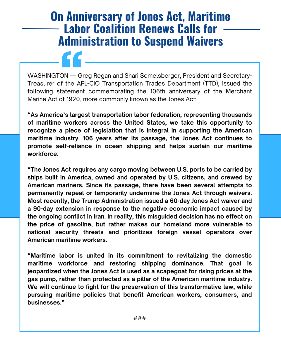 TTDAFLCIO's tweet photo. Today's date marks 106 years since the Jones Act was signed into law. Maritime labor calls on the federal government to protect &amp; enforce this law, which is crucial for the fortification of the U.S. maritime industry. Our statement: https://t.co/8W20FA4wqX