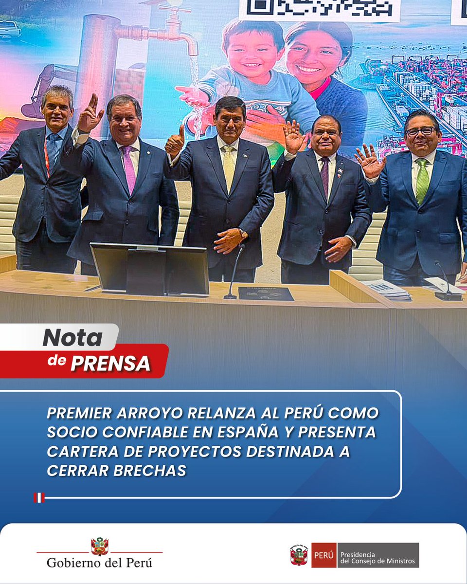 pcmperu's tweet photo. #RoadshowPerú | Desde Madrid, el premier Luis Enrique Arroyo Sánchez presentó ante empresarios e inversionistas internacionales una cartera de más de 90 proyectos de infraestructura y servicios públicos para el periodo 2026-2028, reafirmando el compromiso del país de atraer inversiones que impulsen el empleo, la competitividad y el desarrollo económico. 

Conoce más en la: #NotaDePrensa: https://t.co/mtSB2NhzWz