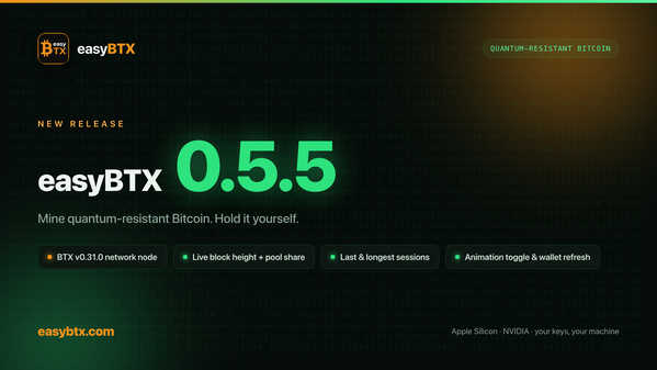 easybtx's tweet photo. easyBTX 0.5.5 is live.

now on the BTX v0.31.0 node, so solo mining keeps up with the network upgrade and Mac updates itself. pool mining was never affected.

plus a reworked info page: live block height, pool stats, and your last + longest sessions.

https://t.co/oSuYzf9FA0 https://t.co/ocdHjb1lwB