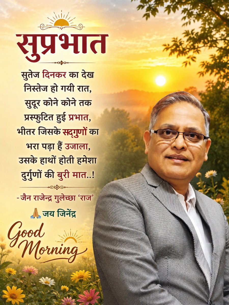 RGulechha's tweet photo. सुतेज दिनकर का देख
निस्तेज हो गयी रात,
सुदूर कोने कोने तक
प्रस्फुटित हुई प्रभात,
भीतर जिसके सद्गुणों का
भरा पड़ा हैं उजाला,
उसके हाथों होती हमेशा
दुर्गुणों की बुरी मात..!

-जैन राजेन्द्र गुलेच्छा ‘राज’
Jain Rajendra Gulechha 
🌺सुप्रभात
🙏🏽जय जिनेंद्र
🌞Good Morning https://t.co/y1wMTfxKpc