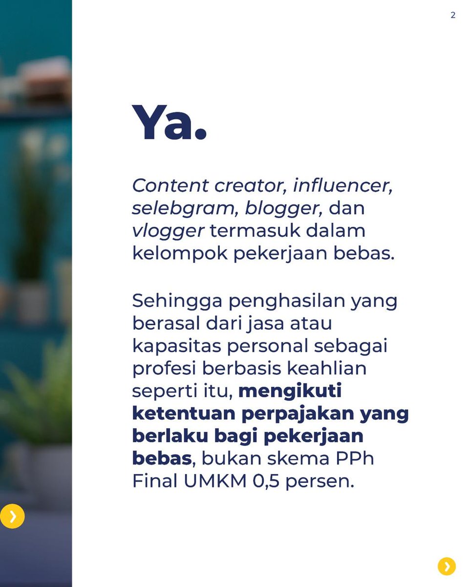 PajakBatang's tweet photo. Dari dulu, influencer, content creator, selebgram, blogger, dan vlogger tidak dikenakan PPh Final UMKM dengan tarif 0,5 persen. Hal ini karena penghasilan yang diperoleh berasal dari jasa dan keahlian pribadi sehingga termasuk dalam kategori pekerjaan bebas. https://t.co/pQn8cNjzKz