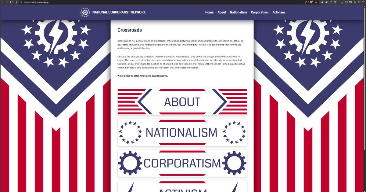NatCorpNetwork's tweet photo. Website is up! https://t.co/OgnNGHawYB
All related socials are in the Activism page.
.
.
.
.
.
.
.
.
#nationalism #corporatism #corporatist #nationalist #activism #activist https://t.co/b8cQPY0Xml
