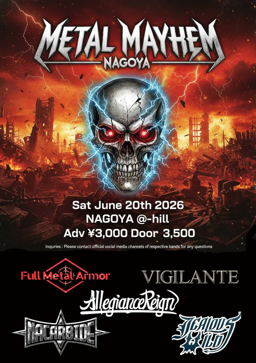 allegiancereign's tweet photo. 尾張合戦まで残り10日！

戦名：METAL MAYHEM in Nagoya
戦日：6/20(土)
戦場：柴田@-hill
開場：17:20 / 開戦：17:40
共闘：FullMetalArmor / VIGILANTE / NACARBIDE / JEALOUS WILD

参戦：https://t.co/rJKoIXLEx2

つわものがたのご参戦、お待ちしております！ https://t.co/esIEtfCAww