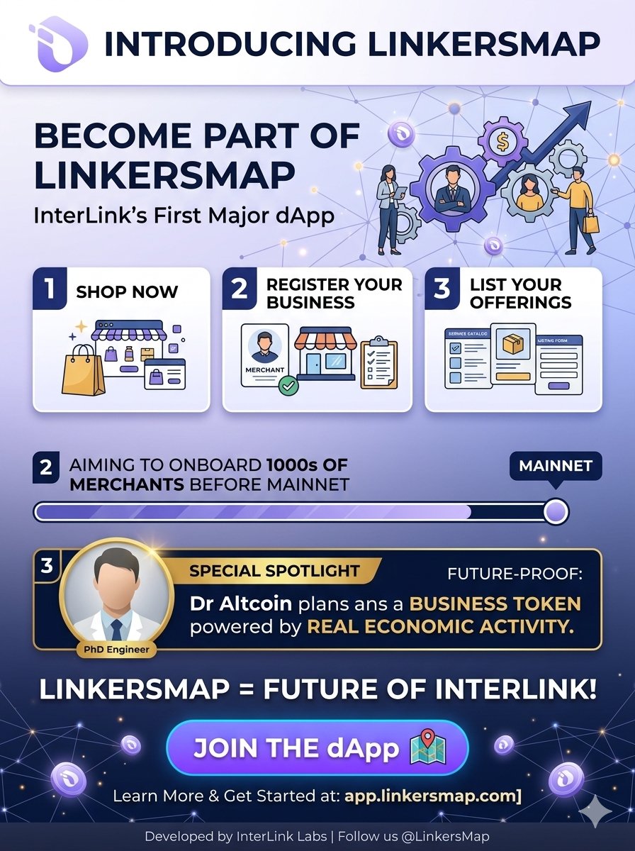 skchiru's tweet photo. Become part of #LinkersMap — InterLink’s first major dApp.
Shop, register your business, or list your offerings now.
We’re aiming to bring many merchants on board before Mainnet.
Dr Altcoin also plans a Business Token powered by real economic activity. LinkersMap = Future of #ITL https://t.co/xA2sDqcKLE