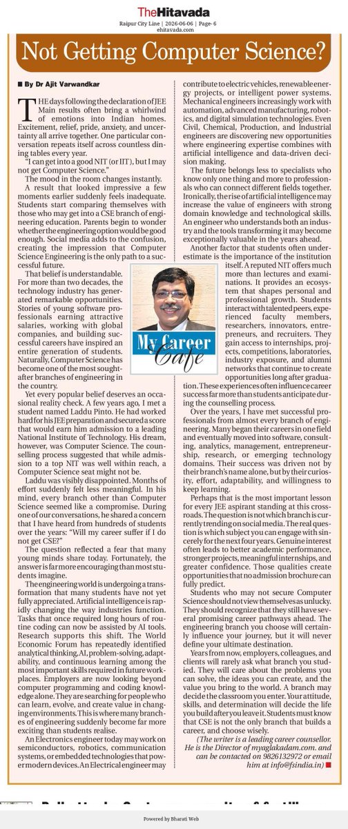 Varwandkar's tweet photo. Everyone is chasing Computer Science. But should everyone be?
As Artificial Intelligence transforms industries, the future may belong not to specialists who know one thing, but to professionals who can learn, adapt, and connect multiple domains.

Read. Reflect. Share https://t.co/hG1WpeMffj
