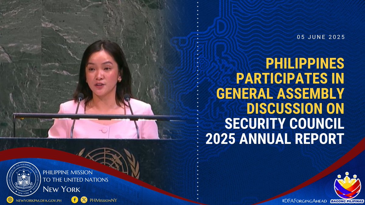 PHMissionNY's tweet photo. 🇵🇭 At today's #GeneralAssembly meeting on the 2025 Annual Report of the #SecurityCouncil, Third Secretary Cathe Aguilar delivered the Philippine statement and:
📊 Welcomed efforts to strengthen the report's analytical value;
🤝 Supported continued consultations with the wider UN membership and underscored the importance of transparency and inclusivity in the Council's work; and
⏳ Encouraged the timely appointment of Chairs and Vice-Chairs of Security Council subsidiary bodies to ensure their effective functioning.
@DFAPHL