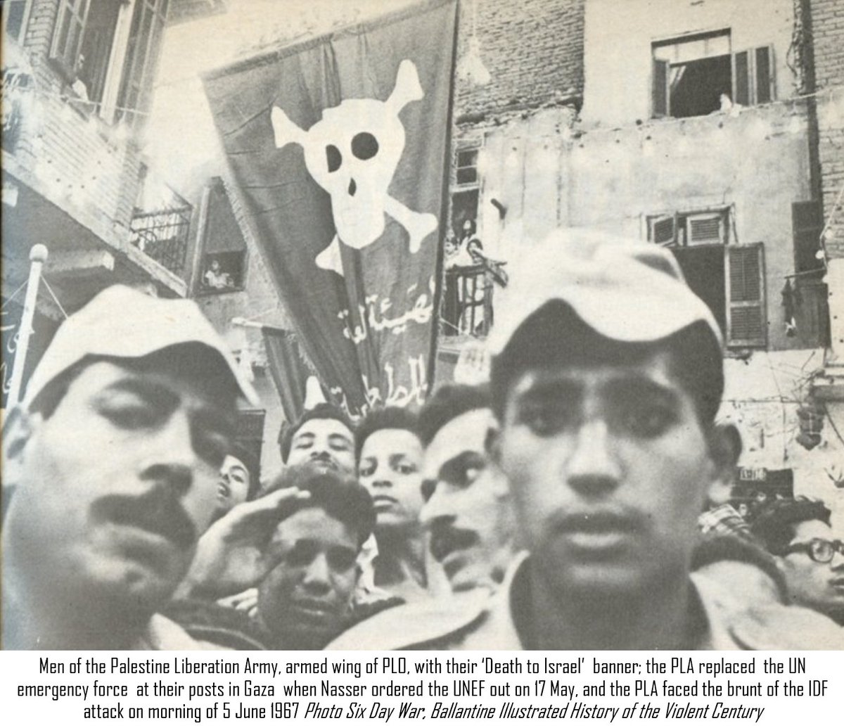 ModernConflict's tweet photo. Men of the Palestine Liberation Army, armed wing of PLO, with their ‘Death to Israel’ banner; the PLA replaced the @UN  Emergency Force at their posts in Gaza when Nasser ordered the UNEF out on 17 May, and the PLA faced the brunt of the @IDF  attack on morning of 5 June 1967 https://t.co/9KPXTrmKA4