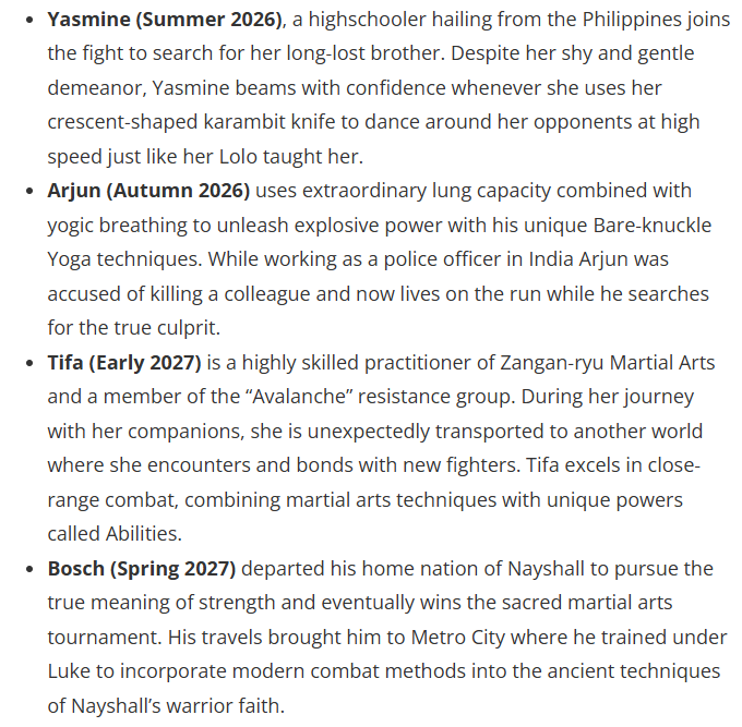 FGAnniversaries's tweet photo. First story details for Yasmine, Arjun, Tifa, &amp; Bosch in Street Fighter 6. https://t.co/jwqM5plN5c