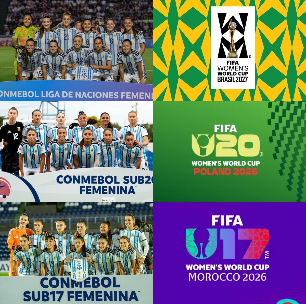 albicelesteilu's tweet photo. ✅️ La Mayor en Brasil 2027.

✅️ La Sub 20 en Polonia 2026.

✅️ La Sub 17 en Marruecos 2026.

Por primera vez, los tres seleccionados argentinos de fútbol femenino están clasificados al Mundial.

HISTÓRICO. 🇦🇷 https://t.co/HrjndS3wil