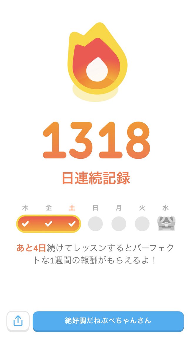 poupee_chan's tweet photo. Duolingoの1314日連続記録が復活したー！🎉

数年前に途切れたはずの連続記録が火曜日に戻ってきて、代わりに今の113日の連続記録が消えて、『？？？』ってなってたんだけど、

どうやら6月限定で過去の連続記録が復活するイベントだったみたいです🗓️

そこから続けて今日で1318日！
嬉しすぎる〜☺️✨ https://t.co/p2nnir9XC0