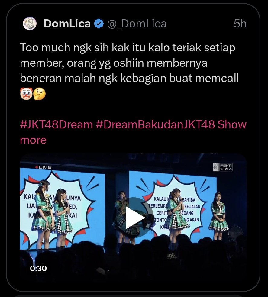 _DomLica's tweet photo. Buat konteks : jadi tuh gw post klip ini (isinya klip greesel lagi jiko trus penonton tabrakan teriaknya). Nah gw nanya sesuai caption postnya. Ramee kan, beliau trus nge dm tpi krna masuk ke request jdi ngk ada notif harus cek manual yg isinya sesuai ss chat diqrt.

Intinya dia minta hapus, yaudah gw hapus, sambil gw tambahin 'kurang kurangin karena klo berlebihan jadi keliatan cringe'. Masih baik loh ada yg ngingetin 😭

Eh beliau langsung ngegas sesuai ss chat 2 & 3 trus nge block 😄