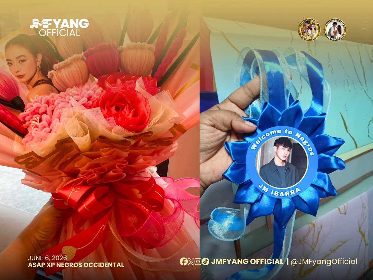 JMFyangOfficial's tweet photo. @Jmfyangbcld @jmdibarra_ @imsofiasmith @ASAPOfficial A crocheted bouquet for our Best Girl, a garland for our Best Man, and hearts overflowing with love from <@Jmfyangbcld> JMFyang Bacolod Chapter! 💛🌷 https://t.co/6d1AHowIUl