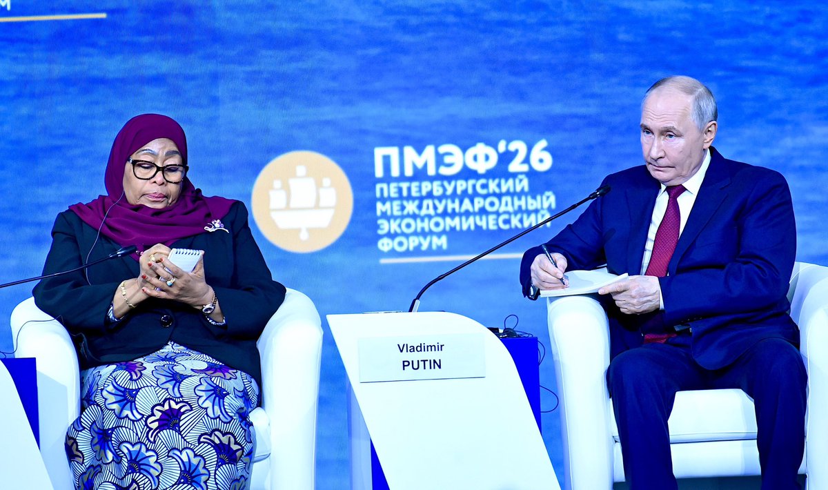 urtupdates's tweet photo. President of the United Republic of Tanzania, H.E. Dr. @SuluhuSamia, joined President ofmo 🇷🇺 Federation, H.E. Vladimir Putin, during the St. Petersburg International Economic Forum (@SPIEF 2026), held at the ExpoForum Convention St. Petersburg, Russian Federation, on 5 June 2026 https://t.co/HWfMhvKg72