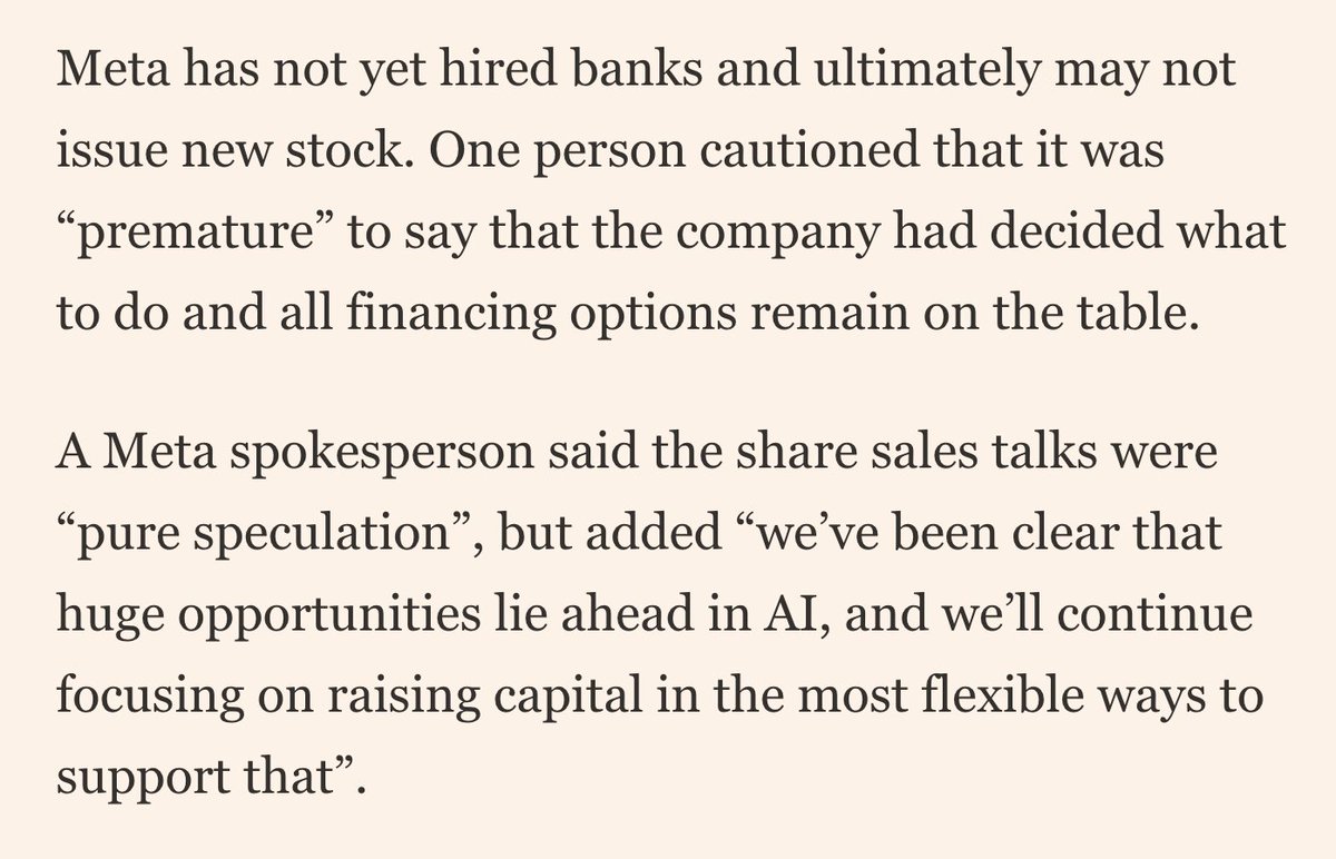 Invesquotes's tweet photo. Out of the thousands of people who have quoted the FT's $META article, how many do you think have actually read it?

In the article:

"A Meta spokesperson said the share sales talks were "pure speculation."

It might be on the table, but conclusions seem a bit premature.